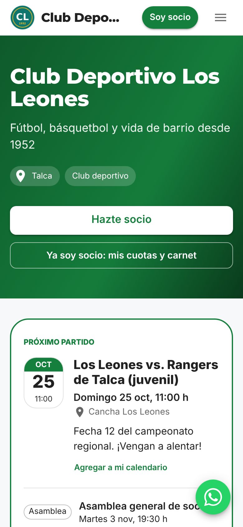 Página pública de un club con su próximo partido