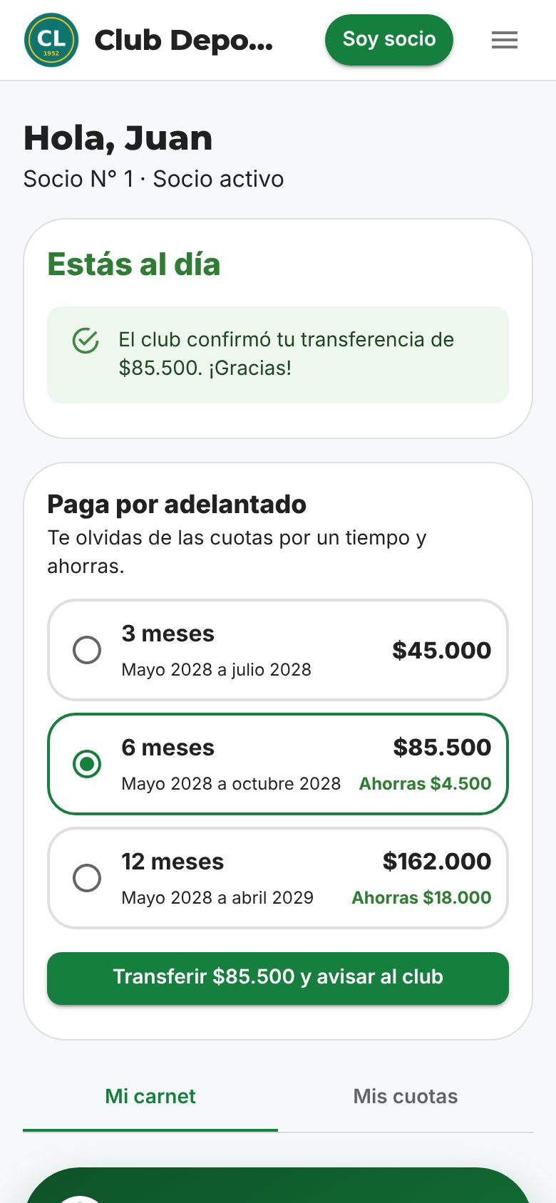 Socio al día con la opción de pagar por adelantado